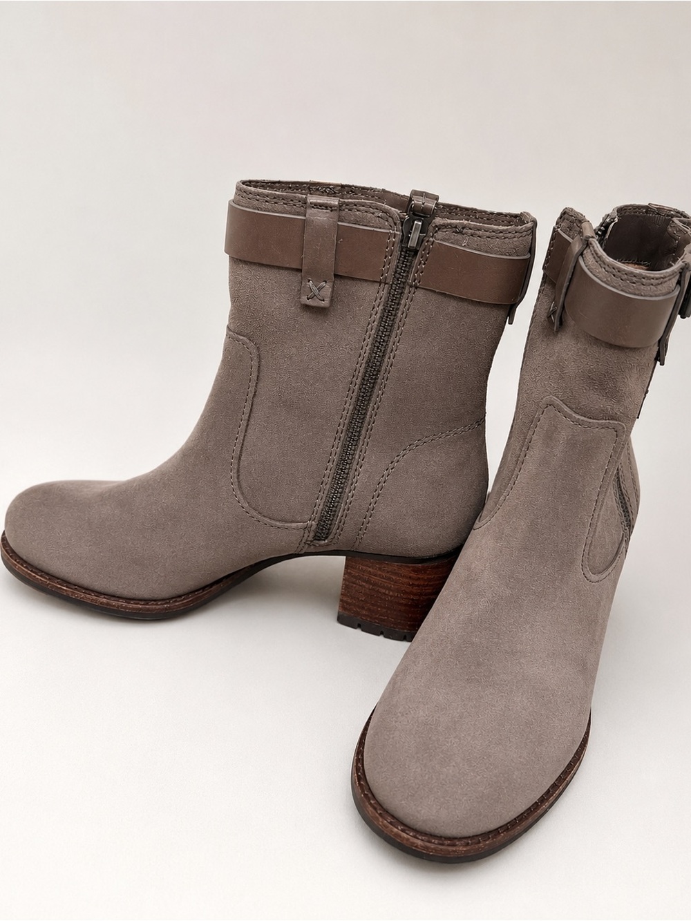 Trask Taupe Suede Ankle Booties with Leather Cuff